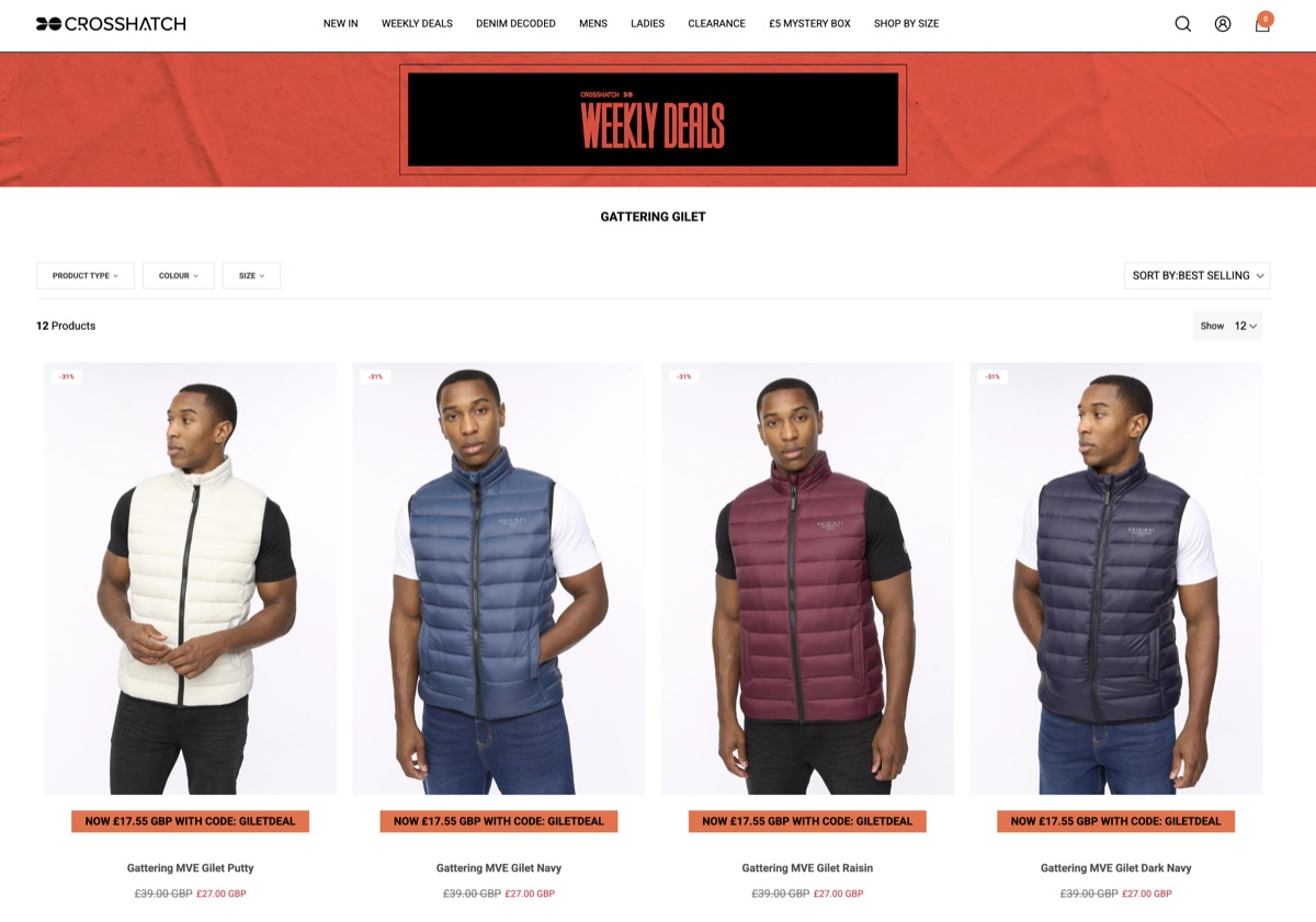 Crosshatch collection page with Flair discount code badges on products