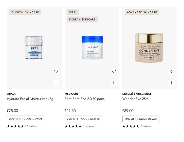 SkinShop collection page with Clinical Skincare, Viral, Korean Skincare, and Advanced Skincare badges on product cards