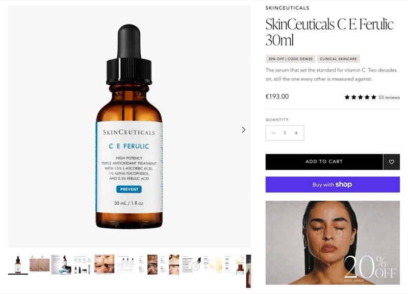 SkinShop product page with a 20% off DEW20 discount code badge and matching image badge