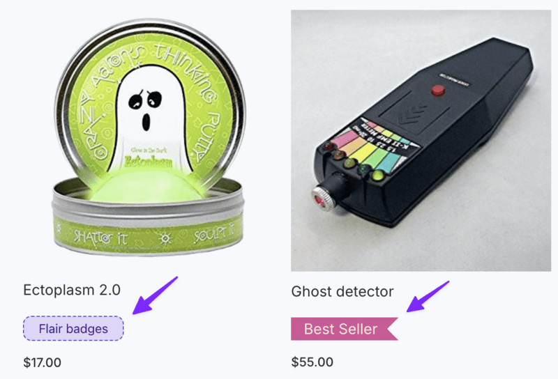 Collection grid in the theme editor showing a matching Best Seller badge and a Flair badges placeholder