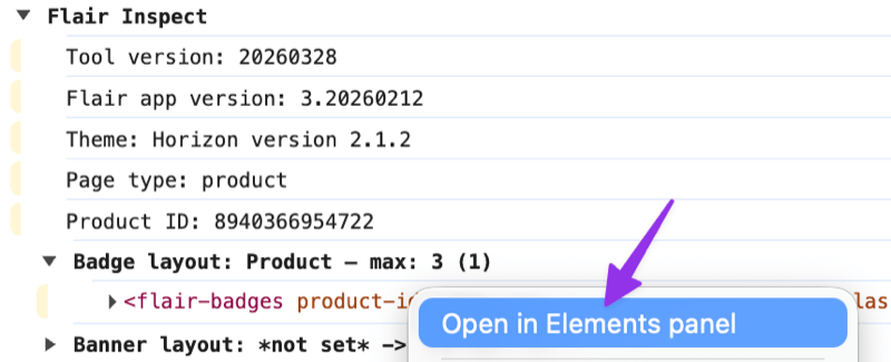 Flair Inspect output in the browser console with the Open in Elements panel context menu option