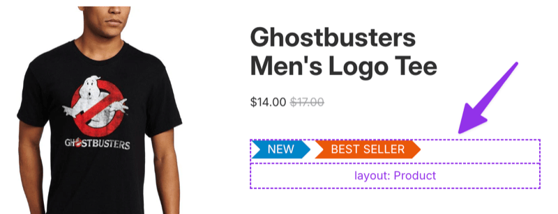 Product page with Flair Inspect highlighting a badge element and showing the layout name