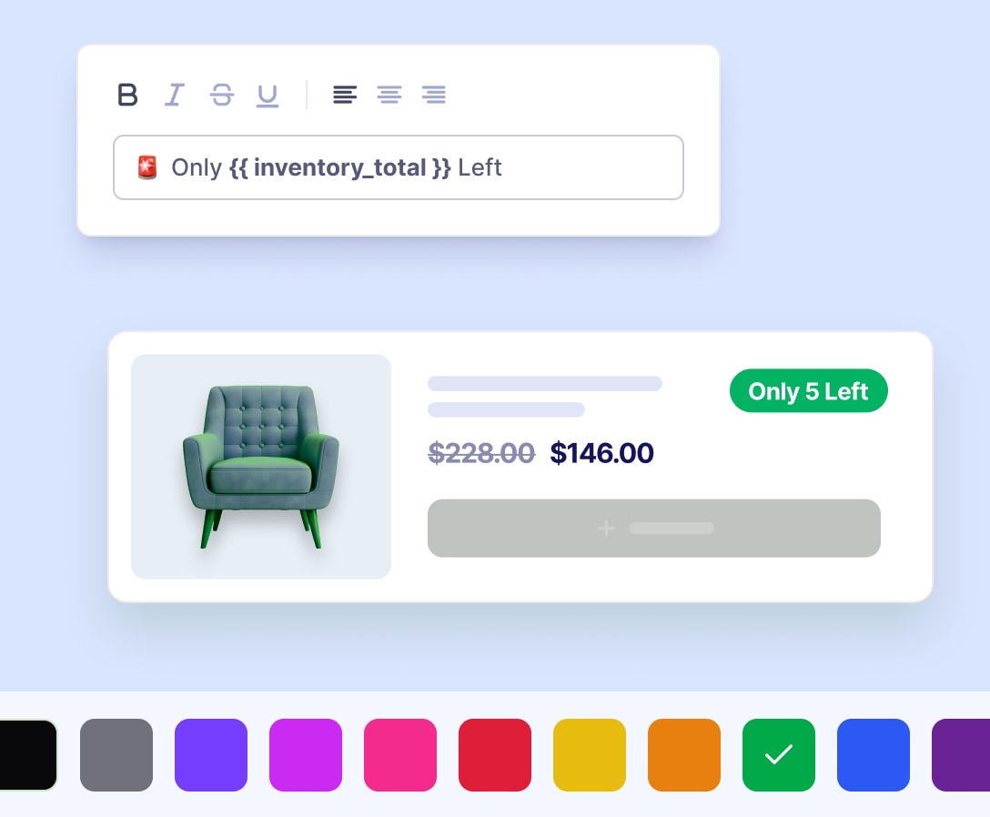 Badge editor showing custom colors, dynamic text templates, and style options