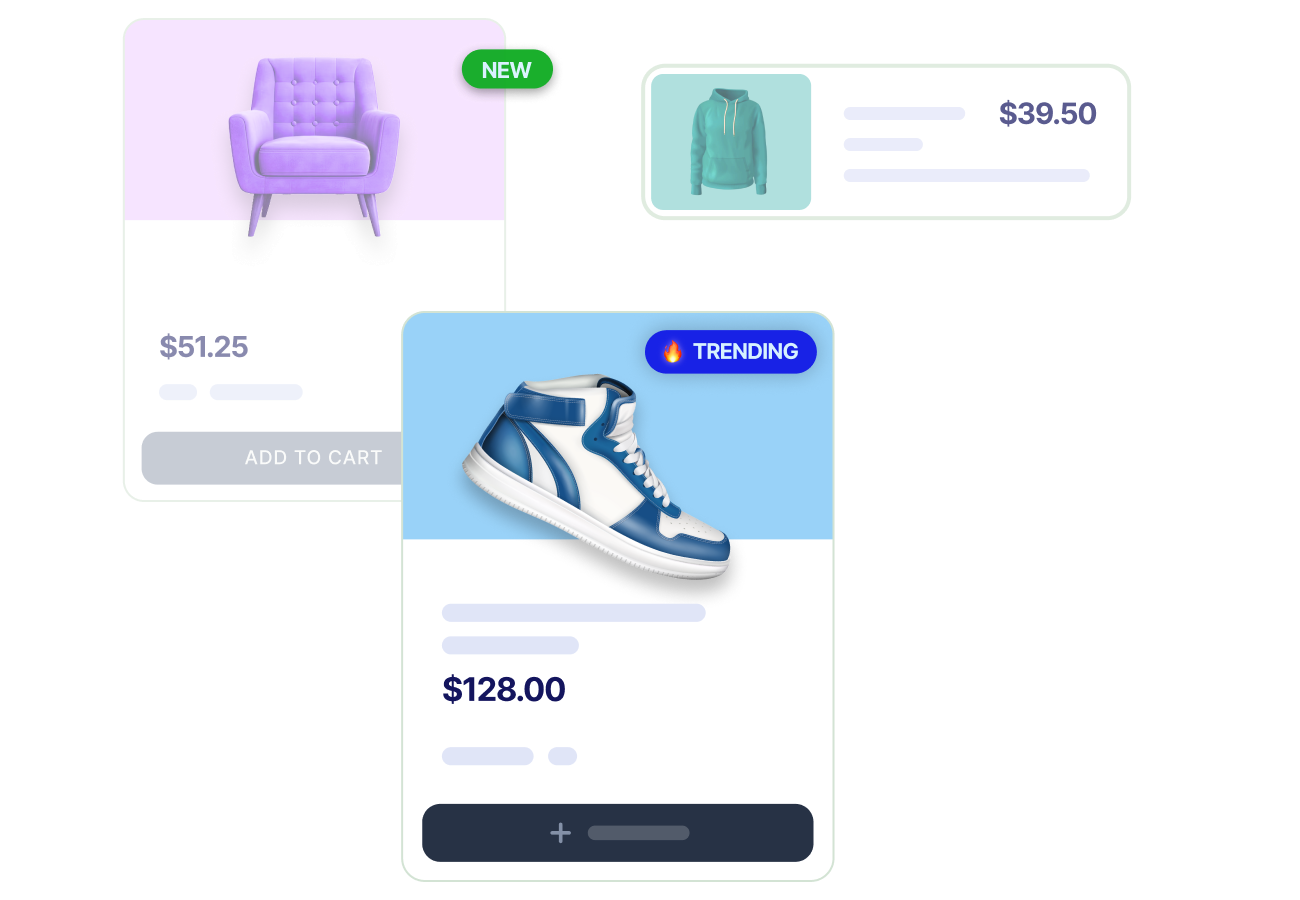 Product badges shown on storefront product cards highlighting sales, scarcity, and trending items