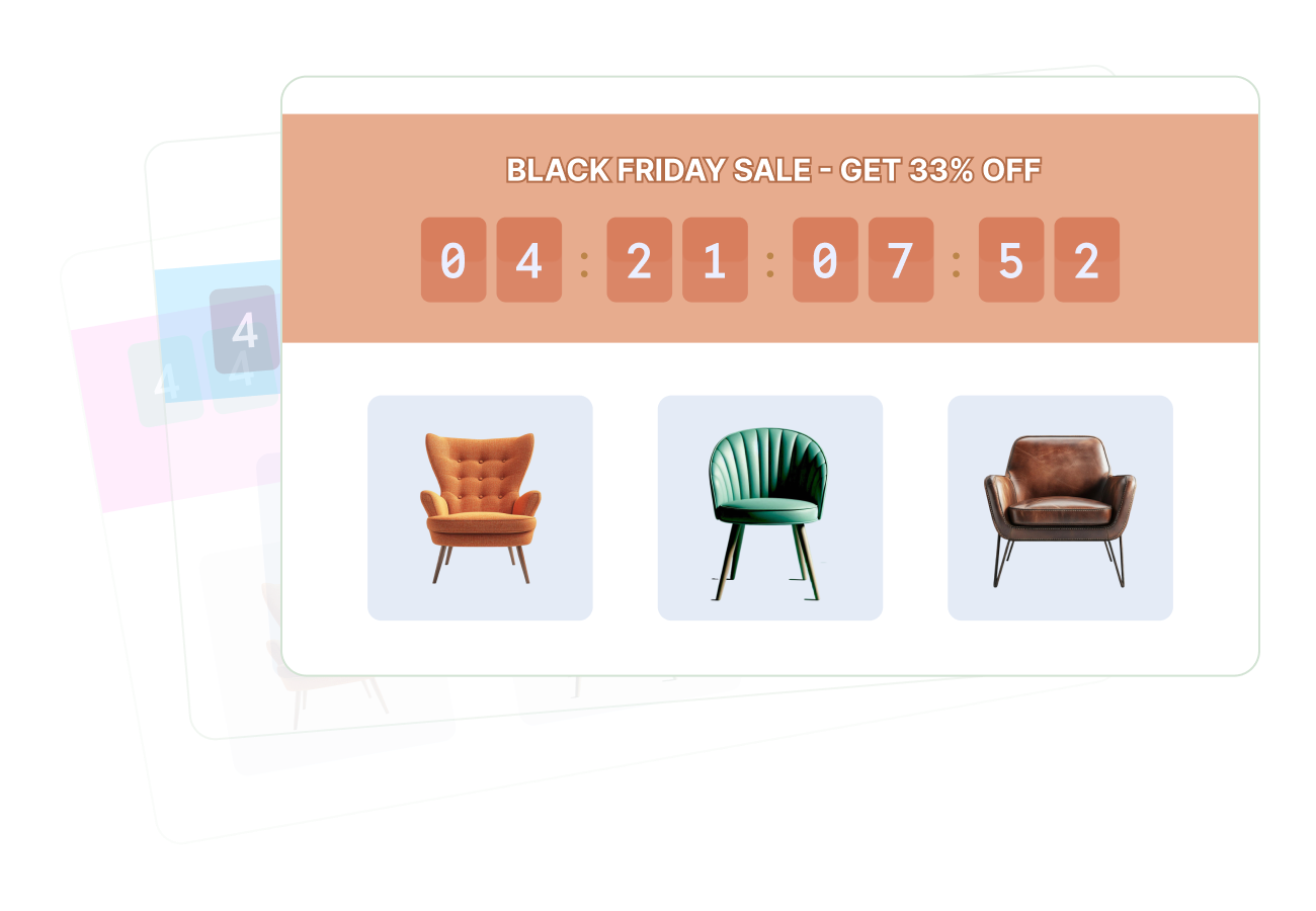 Sale banners displayed across a Shopify storefront with countdown timers and promotional messaging