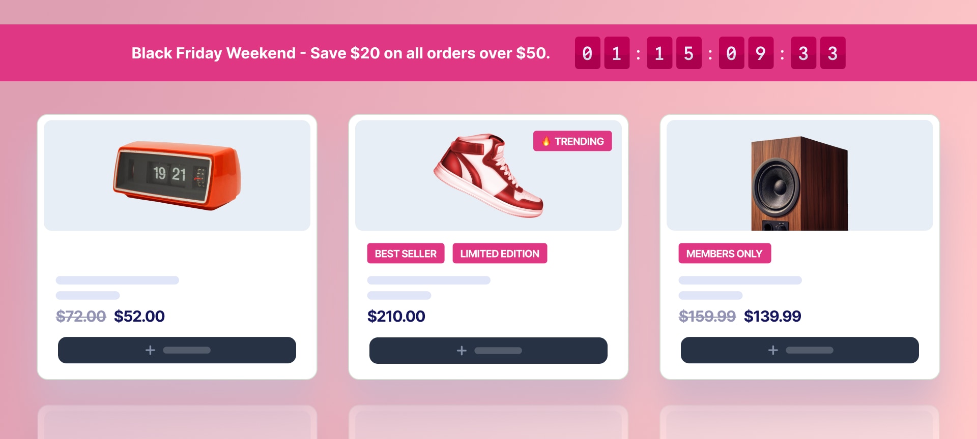 Multiple stacked product badges showing Sale, Best Seller, and Limited Stock with layout priority controls