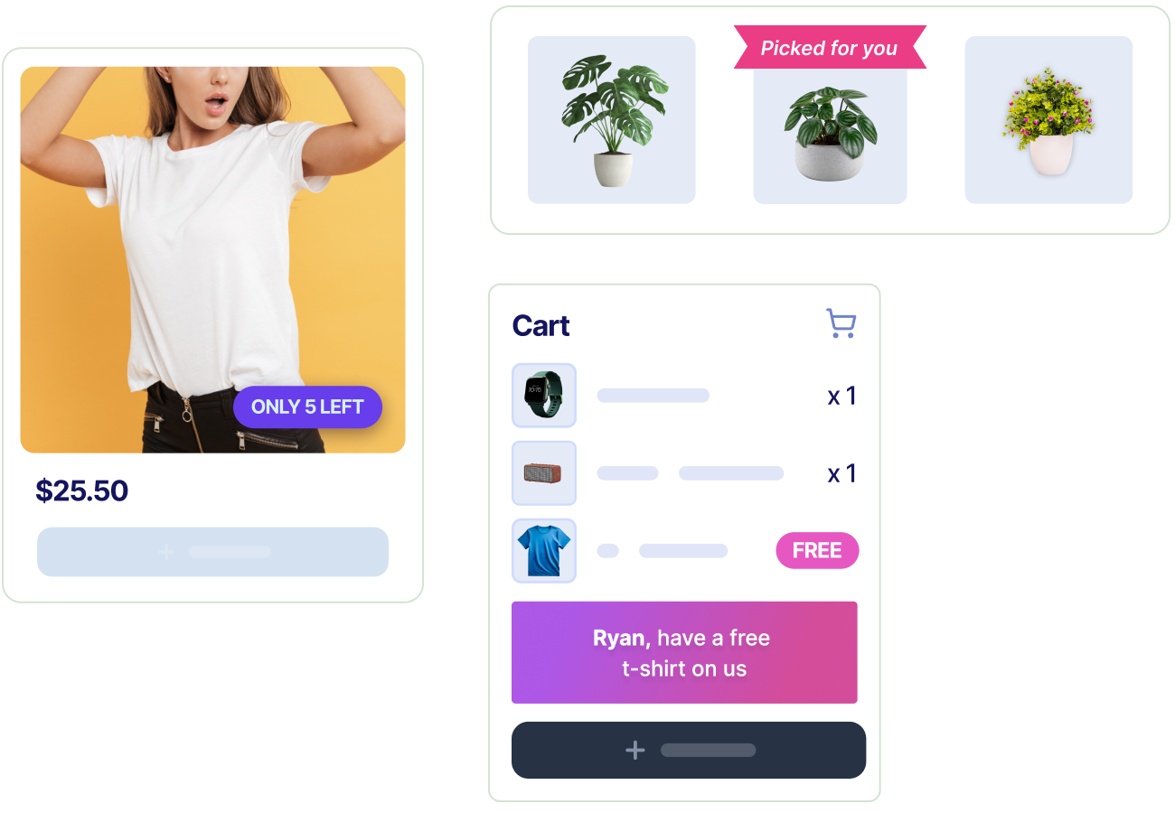 Personalized product badges and banners showing dynamic messages like Only 5 Left and customer-specific offers