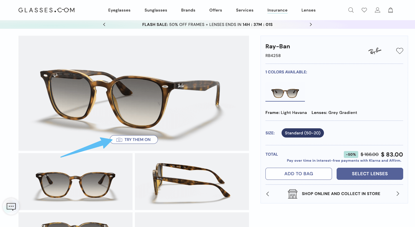 Example of using augmented reality for customers to try glasses on.