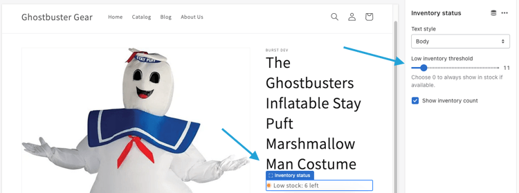 Inventory status block with options.