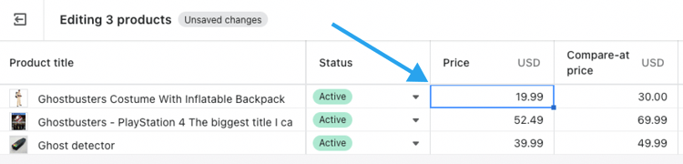Editing shopify products using bulk edit.