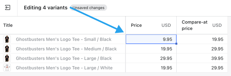 Editing using the Shopify variant bulk editor.