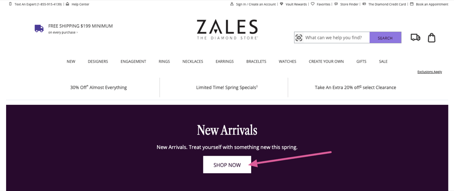 Zales homepage CTA