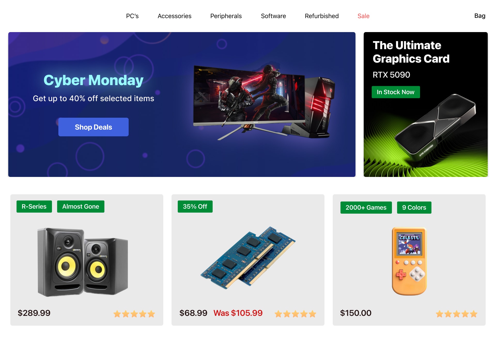 Electronics store with promotional badges and banners across product collections