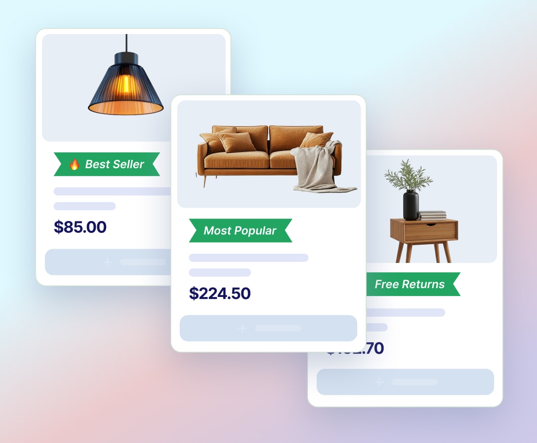 Best Seller and social proof badges on premium home products