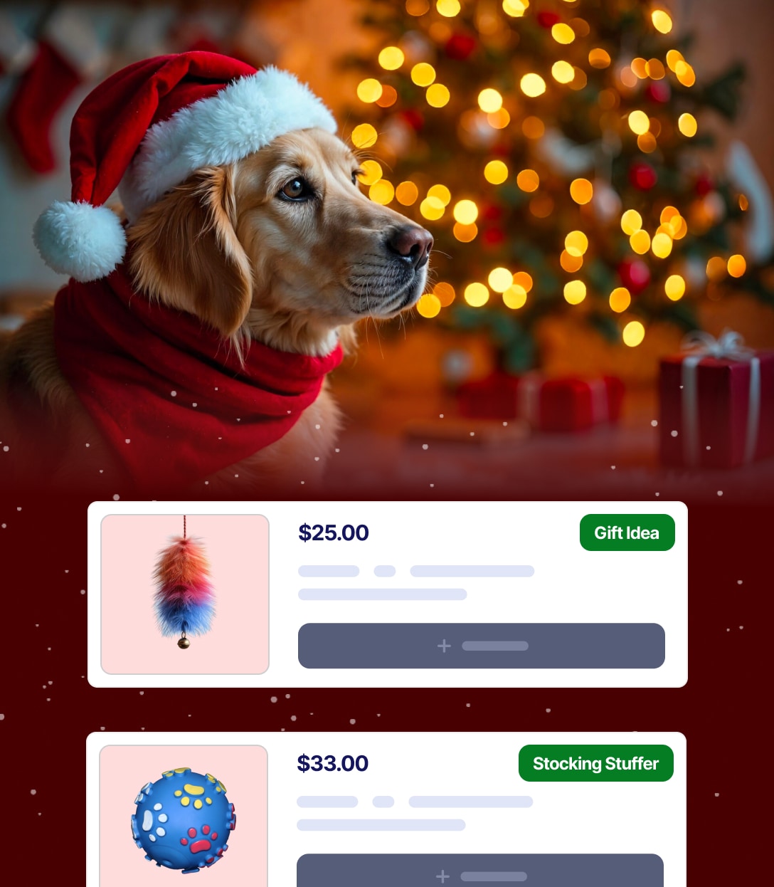 Seasonal gift guide and holiday promotion badges on pet products
